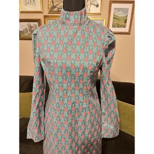 TUCKERNUCK Hyacinth House Dress Small Teal Red Floral Mock Neck Maris Boho